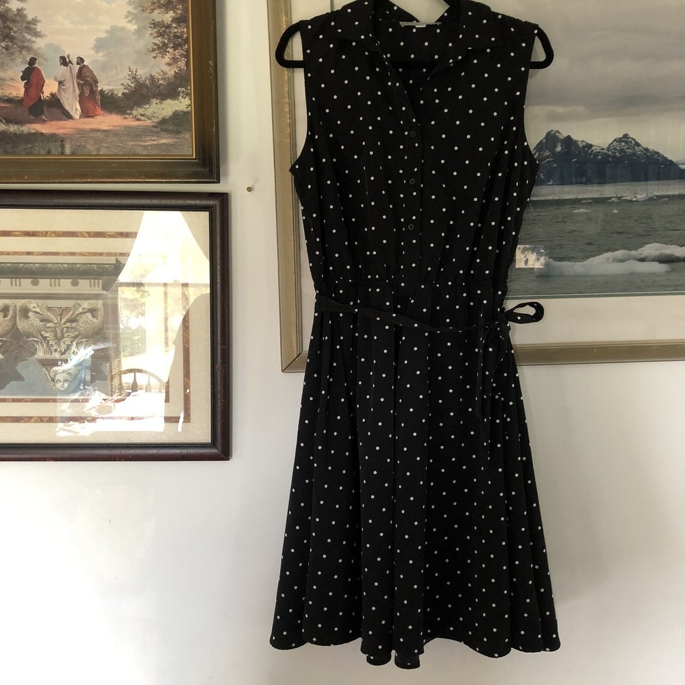 Larry Levine Black White Polka Dot Sleeveless Shirt Dress Women's Sz L A3021